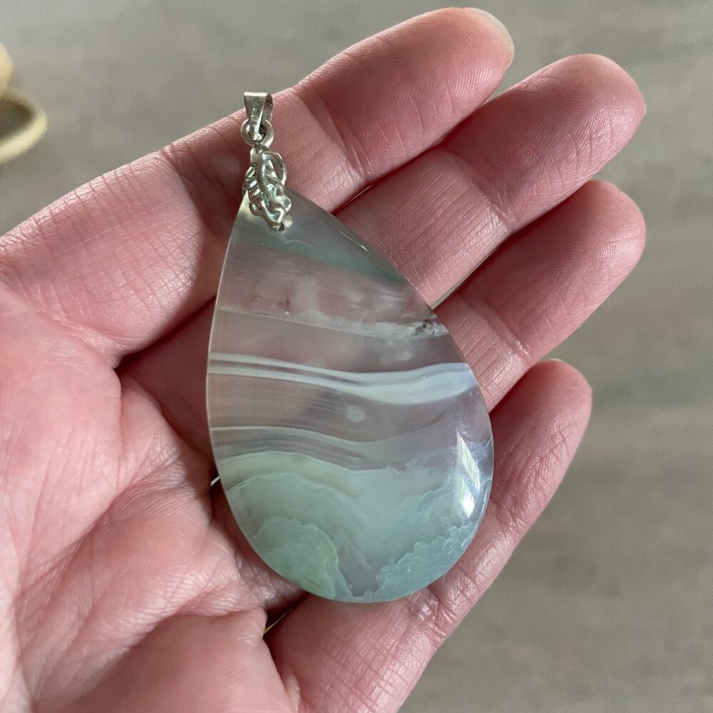 Aqua Seafoam Mint Green Agate Crystal Pendant Necklace